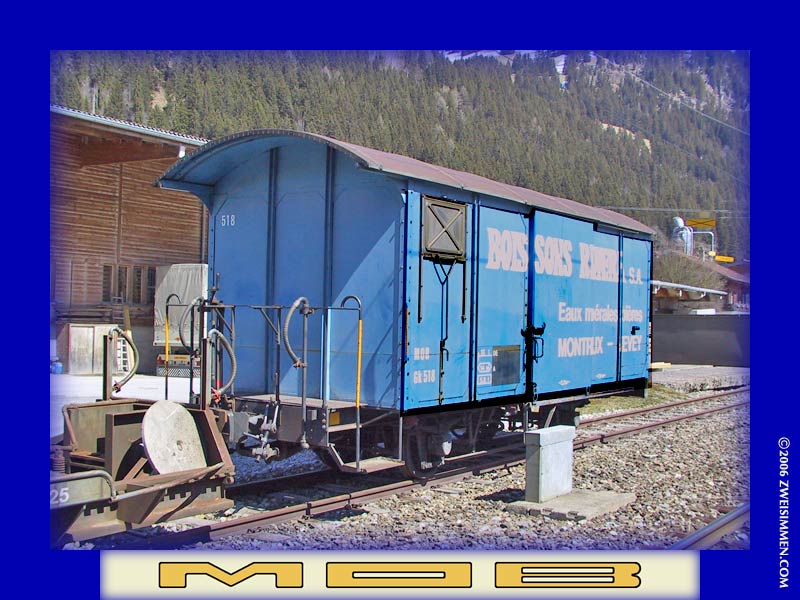 Gk518: MOB advertising boxcar 'Boissons Riviera', LH & front, at St. Stephan, April 13, 2003, 1430