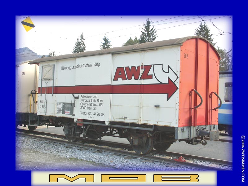 Gk502: MOB advertising boxcar 'AWZ', LH & rear, at Zweisimmen, October 21, 2005