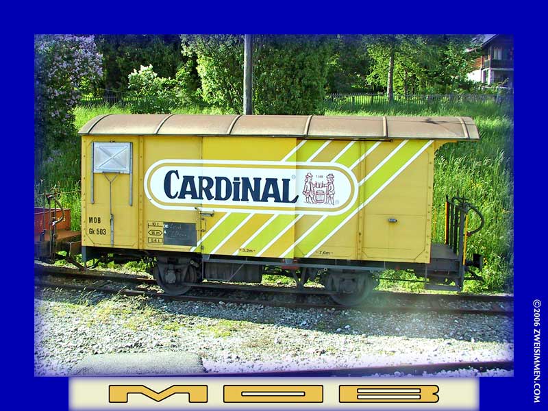 Gk503: MOB advertising boxcar 'Cardinal' beer, location unknown but near Les Avants, October 19, 2001
